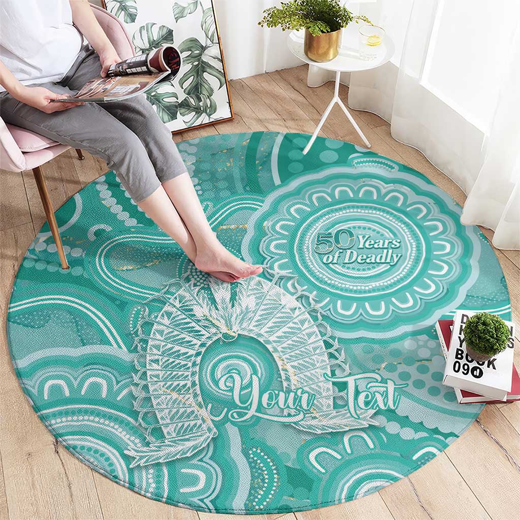 50 Years Deadly NAIDOC Week 2026 Personalised Round Carpet Dhari Cyan Indigenous Art