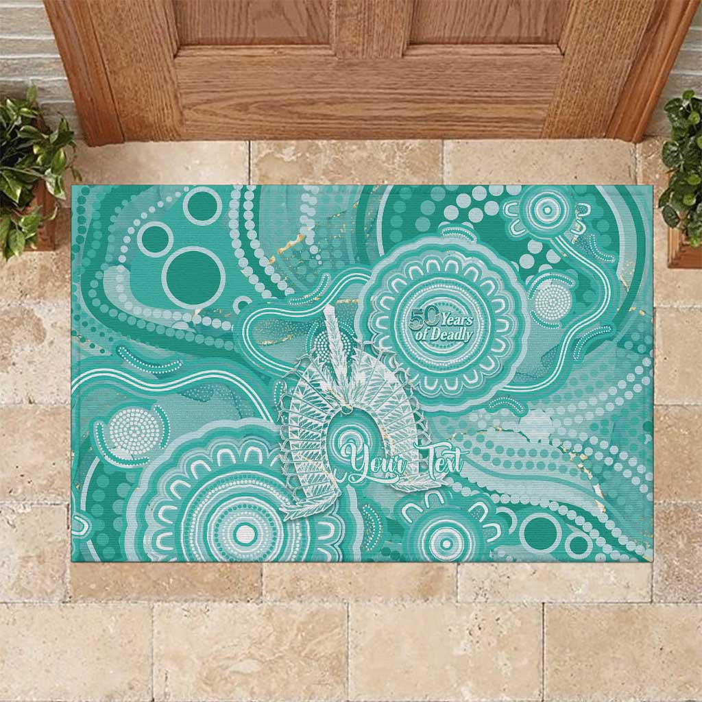 50 Years Deadly NAIDOC Week 2026 Personalised Rubber Doormat Dhari Cyan Indigenous Art