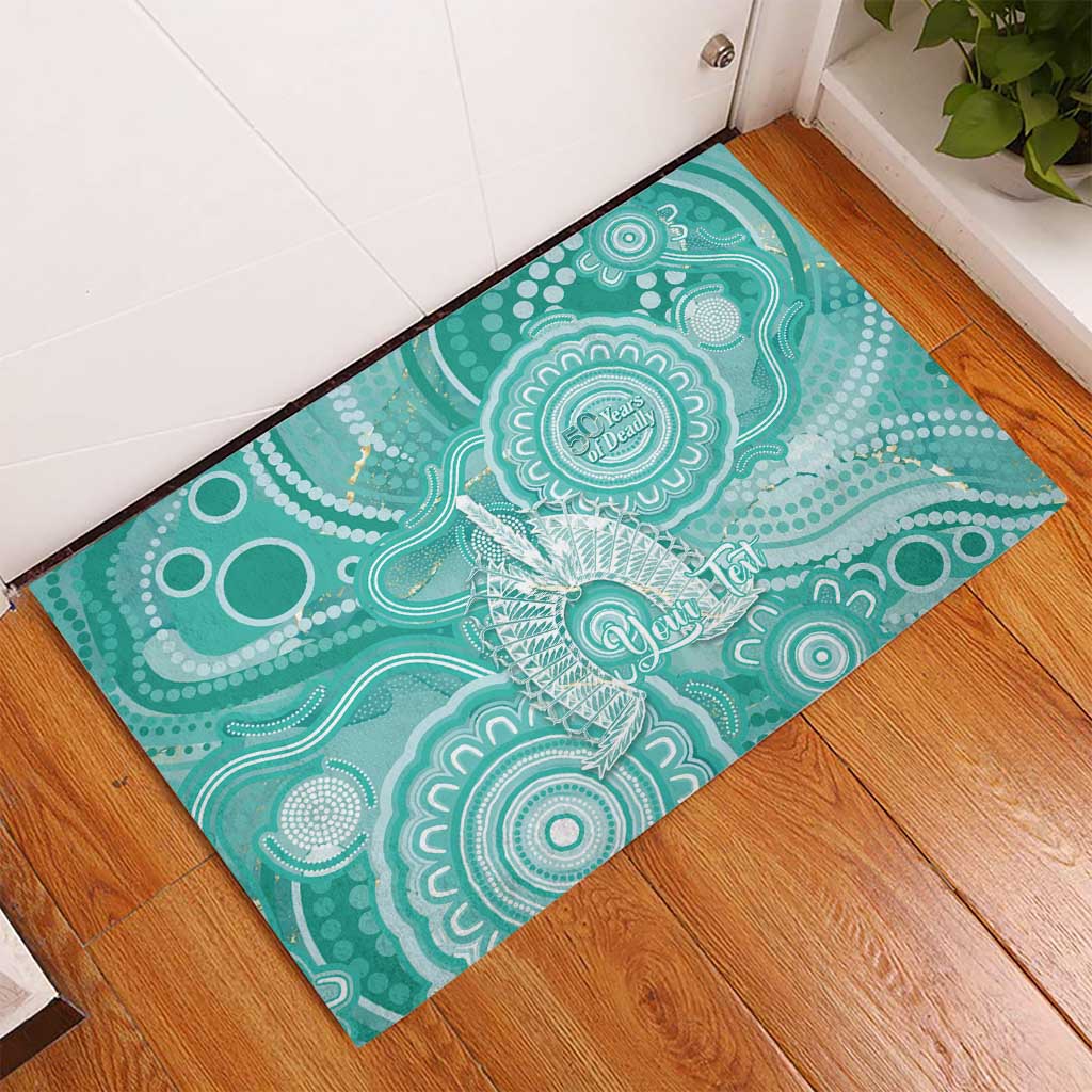 50 Years Deadly NAIDOC Week 2026 Personalised Rubber Doormat Dhari Cyan Indigenous Art