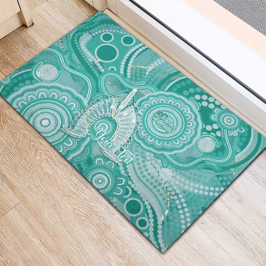 50 Years Deadly NAIDOC Week 2026 Personalised Rubber Doormat Dhari Cyan Indigenous Art