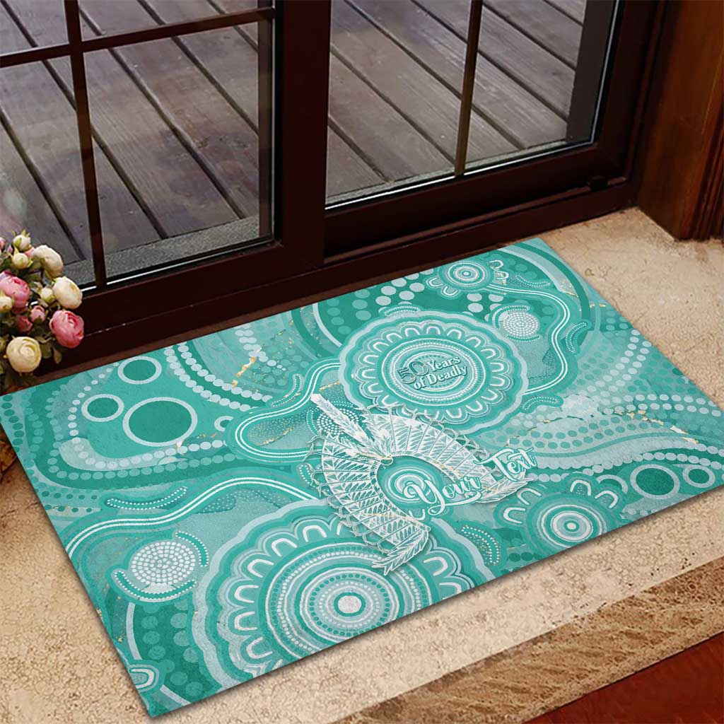 50 Years Deadly NAIDOC Week 2026 Personalised Rubber Doormat Dhari Cyan Indigenous Art