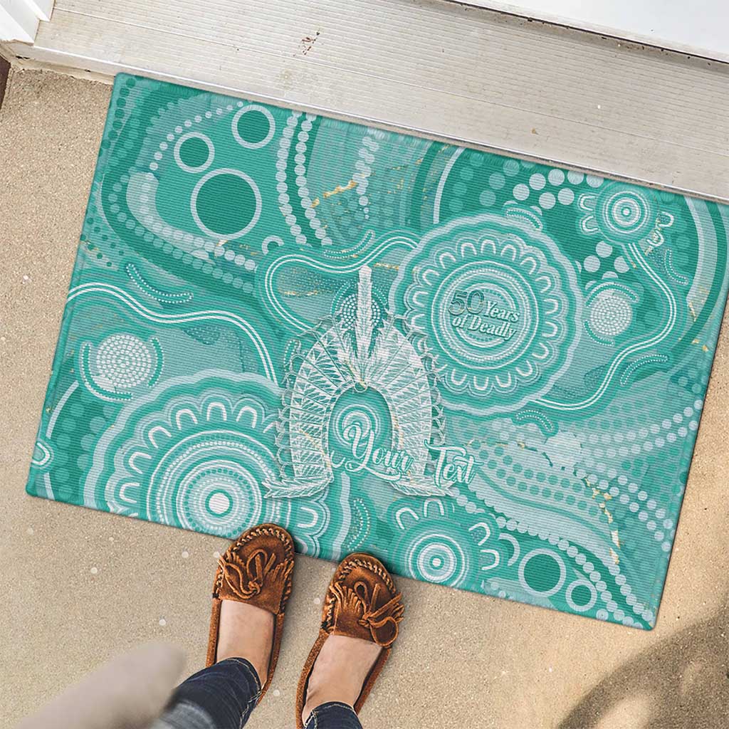50 Years Deadly NAIDOC Week 2026 Personalised Rubber Doormat Dhari Cyan Indigenous Art