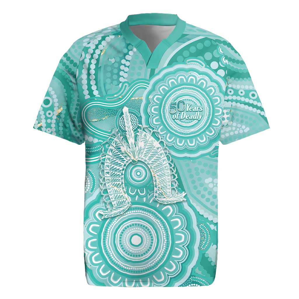 50 Years Deadly NAIDOC Week 2026 Personalised Rugby Jersey Dhari Cyan Indigenous Art