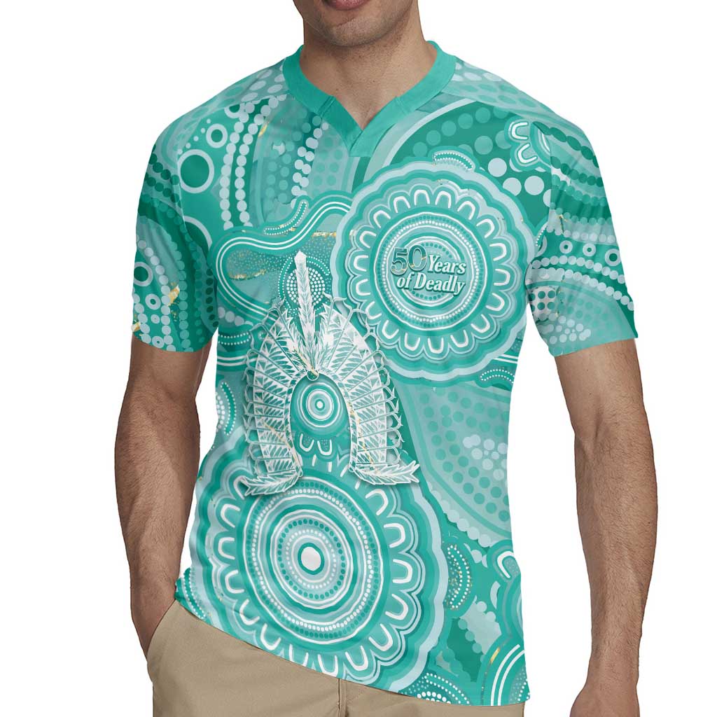 50 Years Deadly NAIDOC Week 2026 Personalised Rugby Jersey Dhari Cyan Indigenous Art