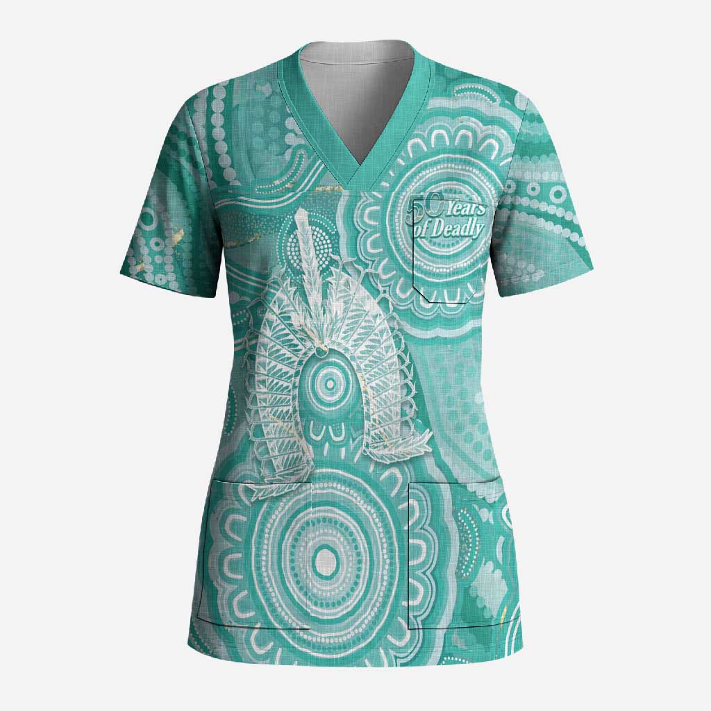 50 Years Deadly NAIDOC Week 2026 Personalised Scrub Top Dhari Cyan Indigenous Art