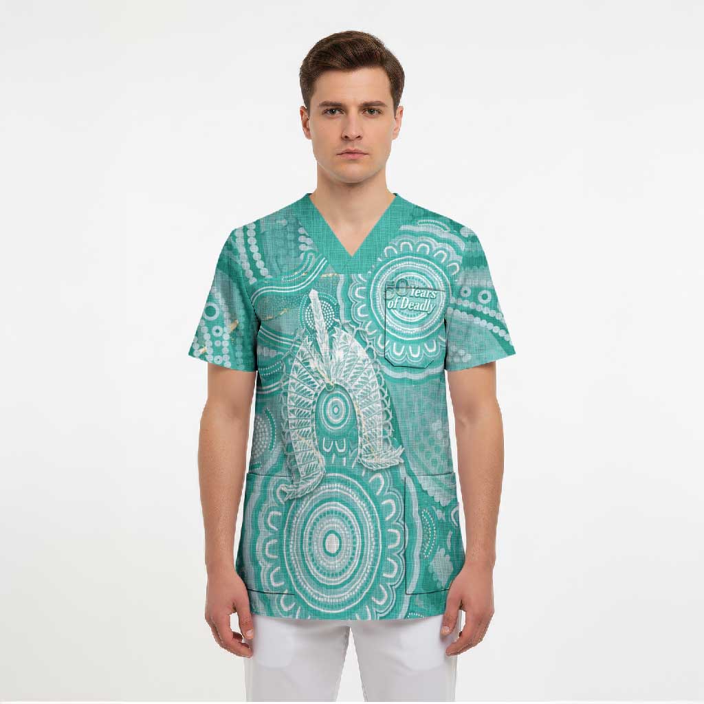 50 Years Deadly NAIDOC Week 2026 Personalised Scrub Top Dhari Cyan Indigenous Art