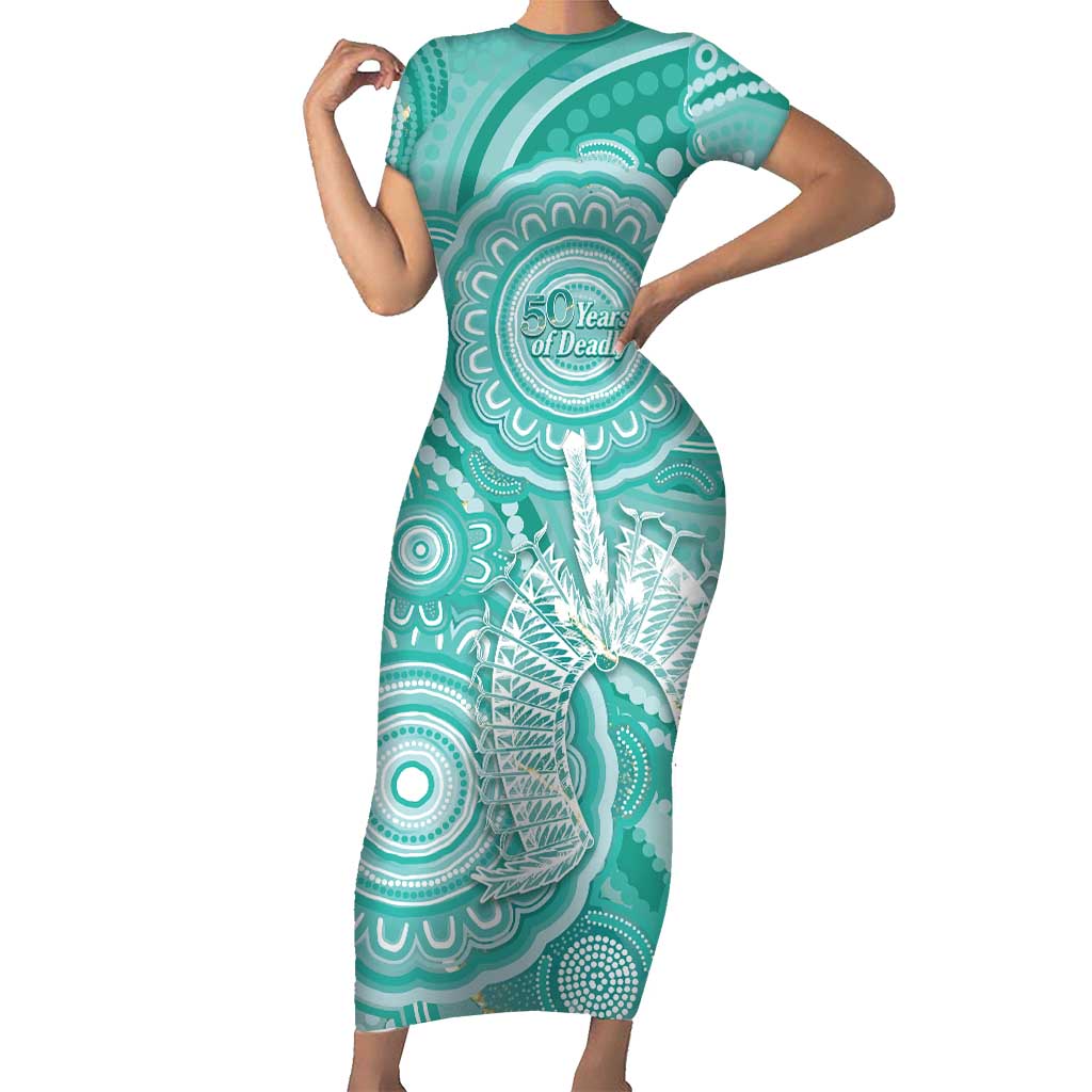 50 Years Deadly NAIDOC Week 2026 Personalised Short Sleeve Bodycon Dress Dhari Cyan Indigenous Art