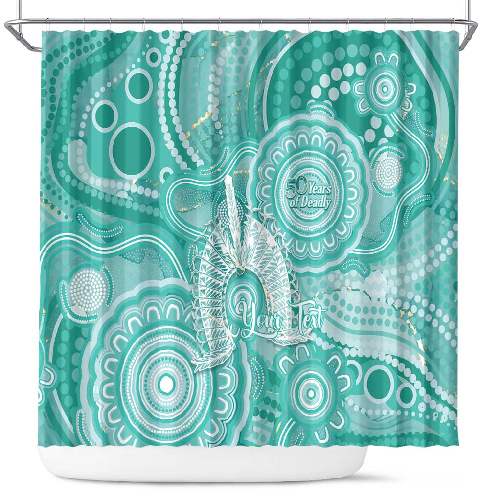 50 Years Deadly NAIDOC Week 2026 Personalised Shower Curtain Dhari Cyan Indigenous Art