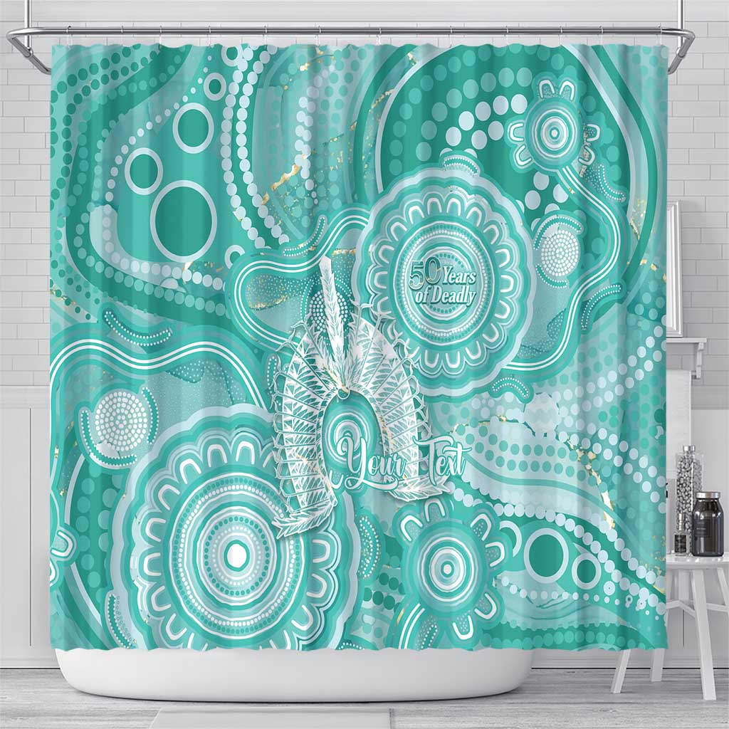 50 Years Deadly NAIDOC Week 2026 Personalised Shower Curtain Dhari Cyan Indigenous Art