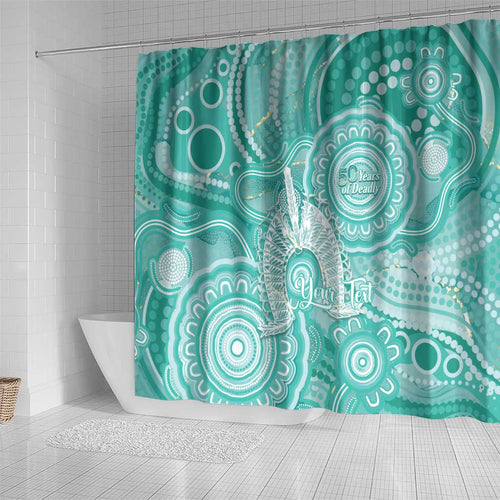50 Years Deadly NAIDOC Week 2026 Personalised Shower Curtain Dhari Cyan Indigenous Art