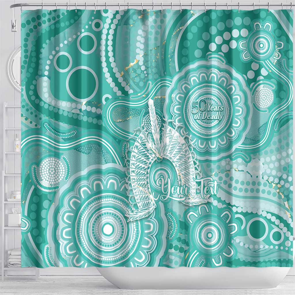 50 Years Deadly NAIDOC Week 2026 Personalised Shower Curtain Dhari Cyan Indigenous Art