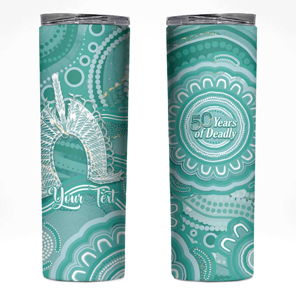 50 Years Deadly NAIDOC Week 2026 Personalised Skinny Tumbler Dhari Cyan Indigenous Art
