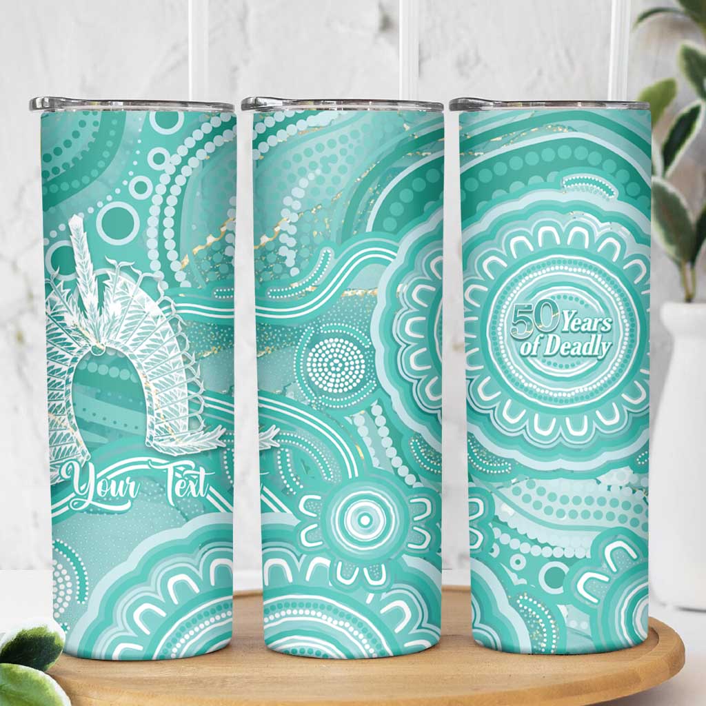 50 Years Deadly NAIDOC Week 2026 Personalised Skinny Tumbler Dhari Cyan Indigenous Art
