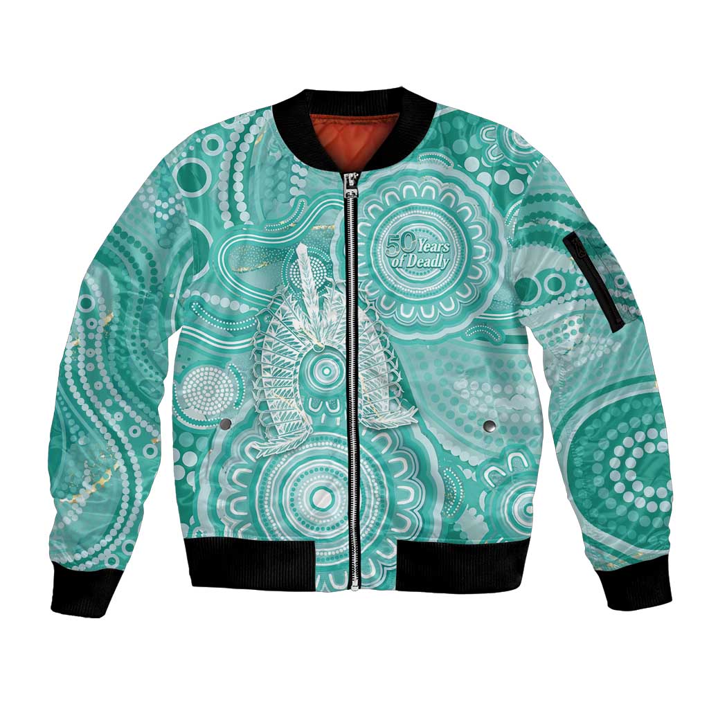 50 Years Deadly NAIDOC Week 2026 Personalised Sleeve Zip Bomber Jacket Dhari Cyan Indigenous Art