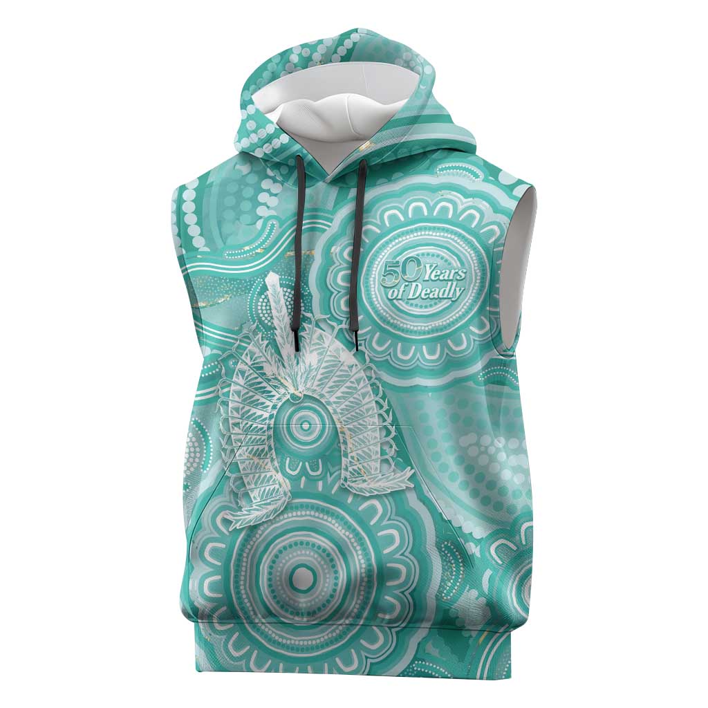 50 Years Deadly NAIDOC Week 2026 Personalised Sleeveless Hoodie Dhari Cyan Indigenous Art