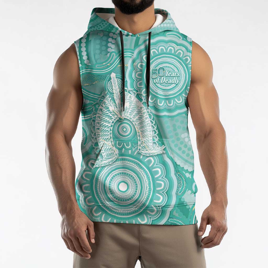 50 Years Deadly NAIDOC Week 2026 Personalised Sleeveless Hoodie Dhari Cyan Indigenous Art