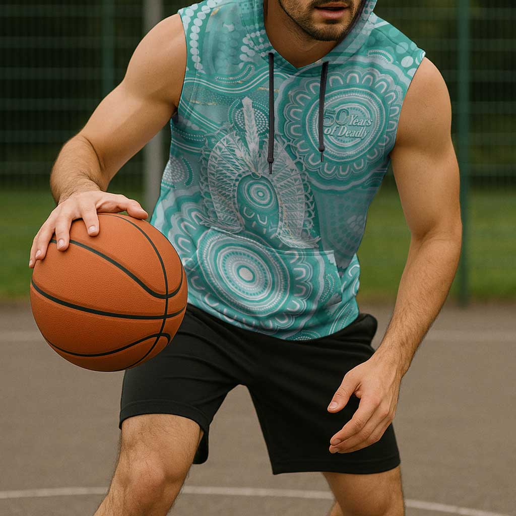 50 Years Deadly NAIDOC Week 2026 Personalised Sleeveless Hoodie Dhari Cyan Indigenous Art