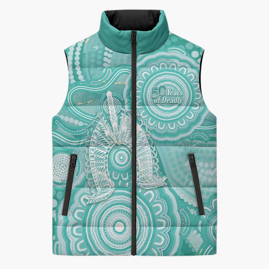 50 Years Deadly NAIDOC Week 2026 Personalised Sleeveless Puffer Jacket Dhari Cyan Indigenous Art