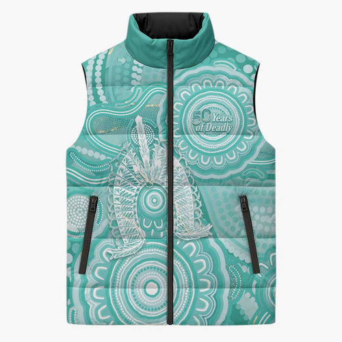 50 Years Deadly NAIDOC Week 2026 Personalised Sleeveless Puffer Jacket Dhari Cyan Indigenous Art