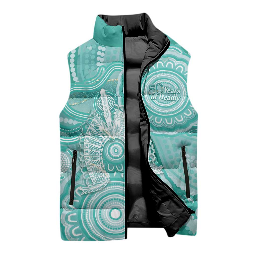 50 Years Deadly NAIDOC Week 2026 Personalised Sleeveless Puffer Jacket Dhari Cyan Indigenous Art