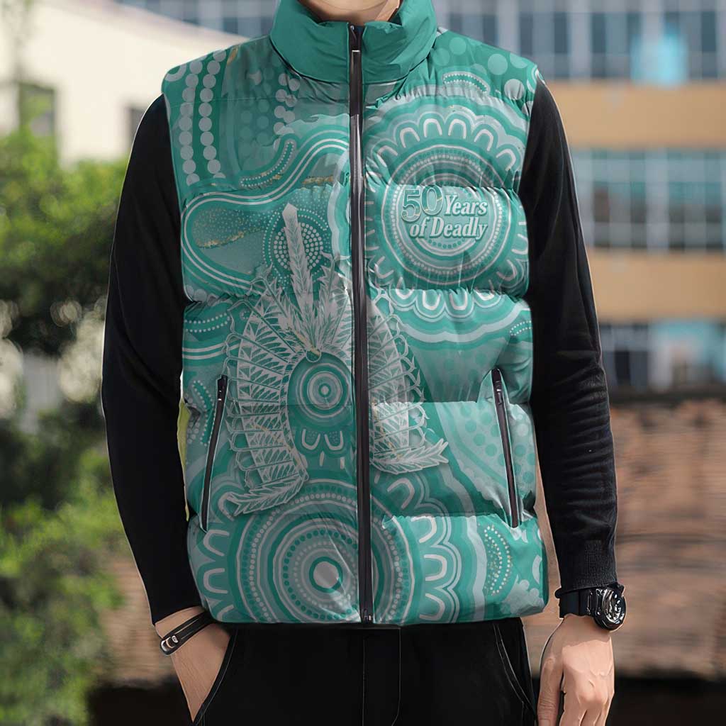 50 Years Deadly NAIDOC Week 2026 Personalised Sleeveless Puffer Jacket Dhari Cyan Indigenous Art
