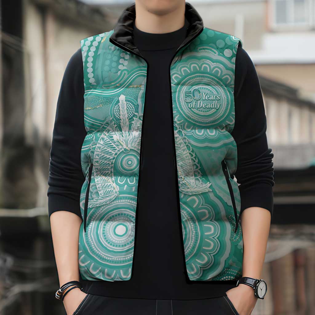 50 Years Deadly NAIDOC Week 2026 Personalised Sleeveless Puffer Jacket Dhari Cyan Indigenous Art