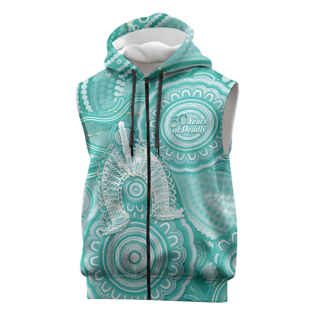 50 Years Deadly NAIDOC Week 2026 Personalised Sleeveless Zip Hoodie Dhari Cyan Indigenous Art