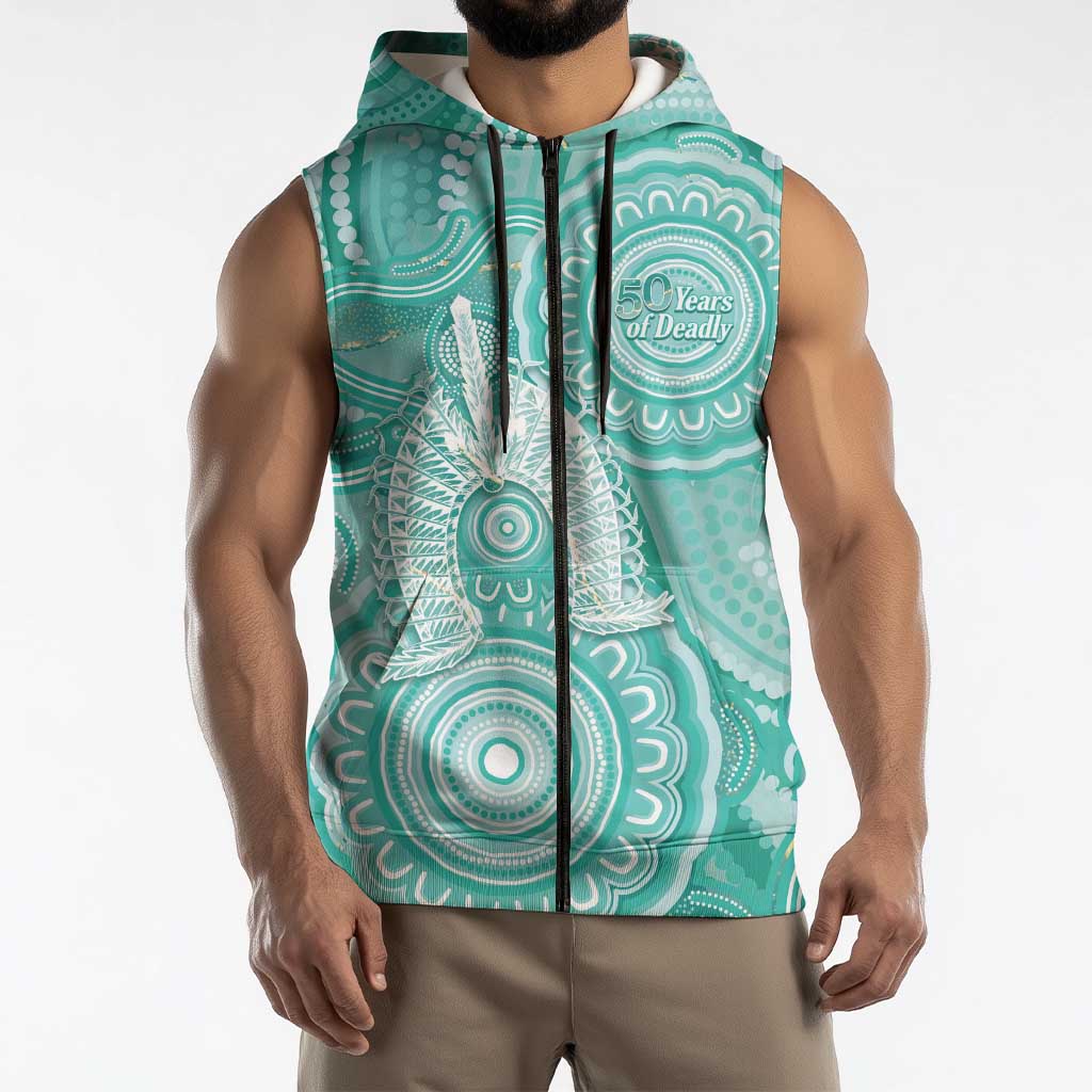 50 Years Deadly NAIDOC Week 2026 Personalised Sleeveless Zip Hoodie Dhari Cyan Indigenous Art