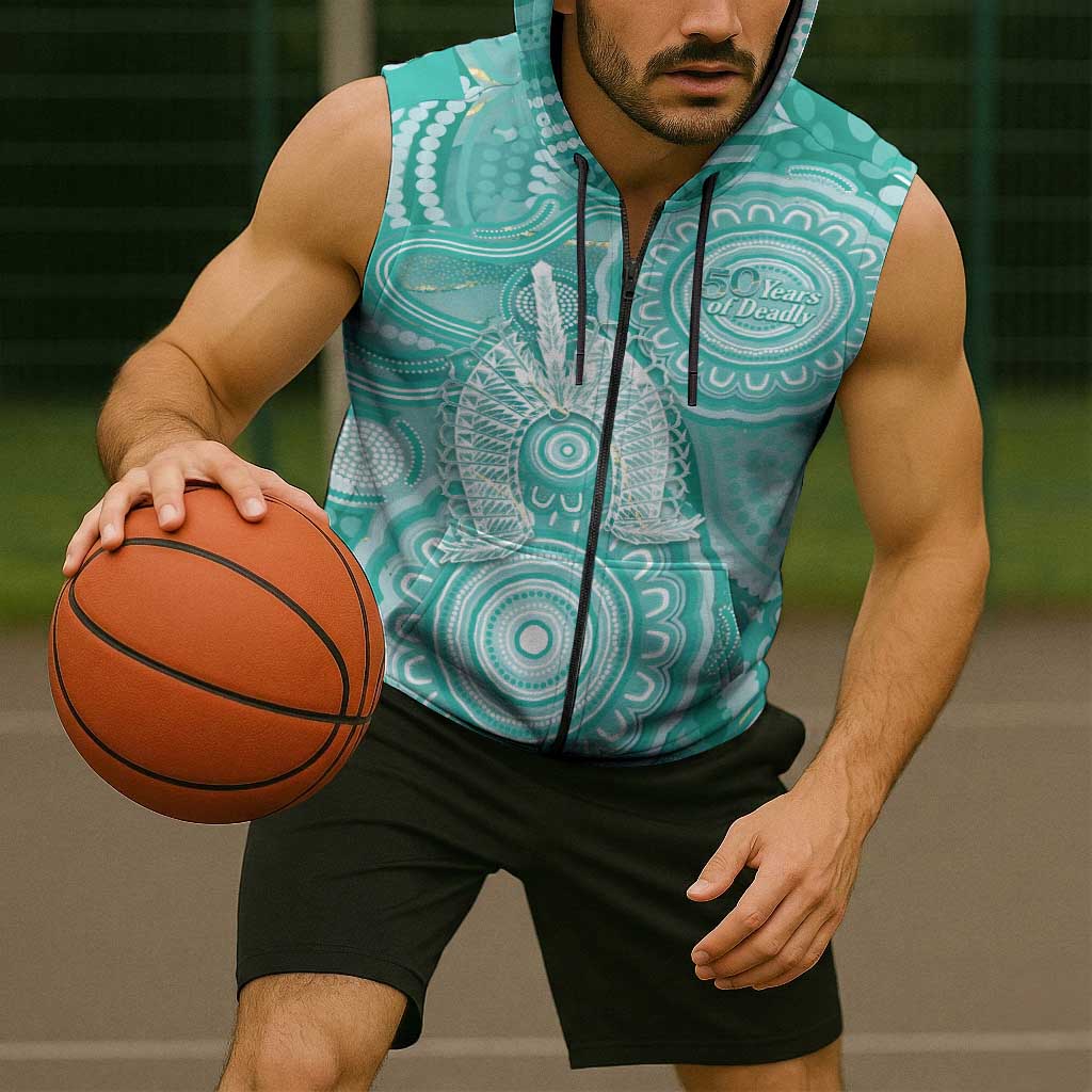 50 Years Deadly NAIDOC Week 2026 Personalised Sleeveless Zip Hoodie Dhari Cyan Indigenous Art