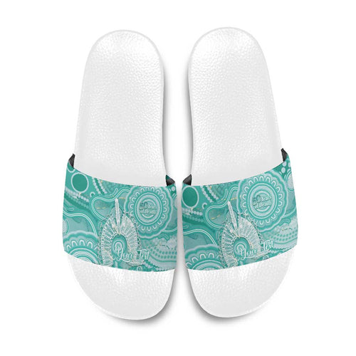 50 Years Deadly NAIDOC Week 2026 Personalised Slide Sandals Dhari Cyan Indigenous Art