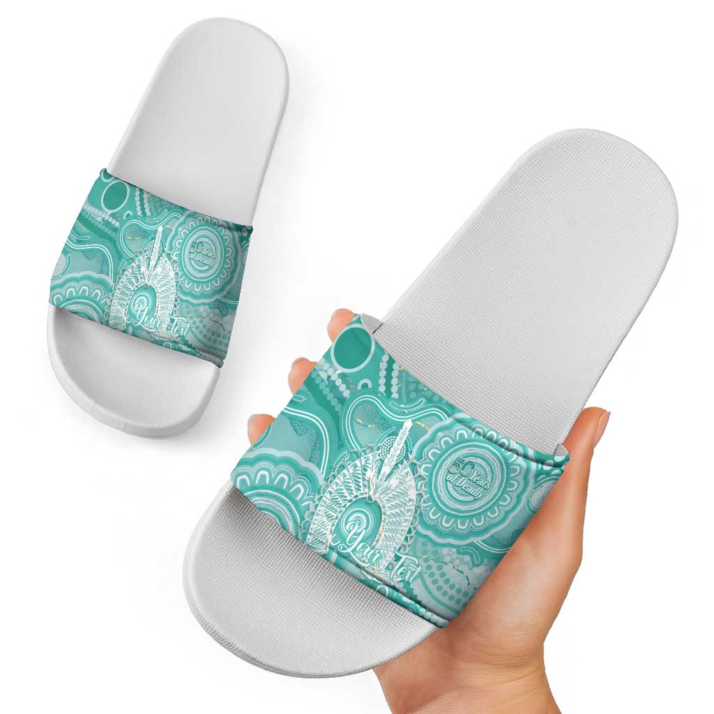 50 Years Deadly NAIDOC Week 2026 Personalised Slide Sandals Dhari Cyan Indigenous Art
