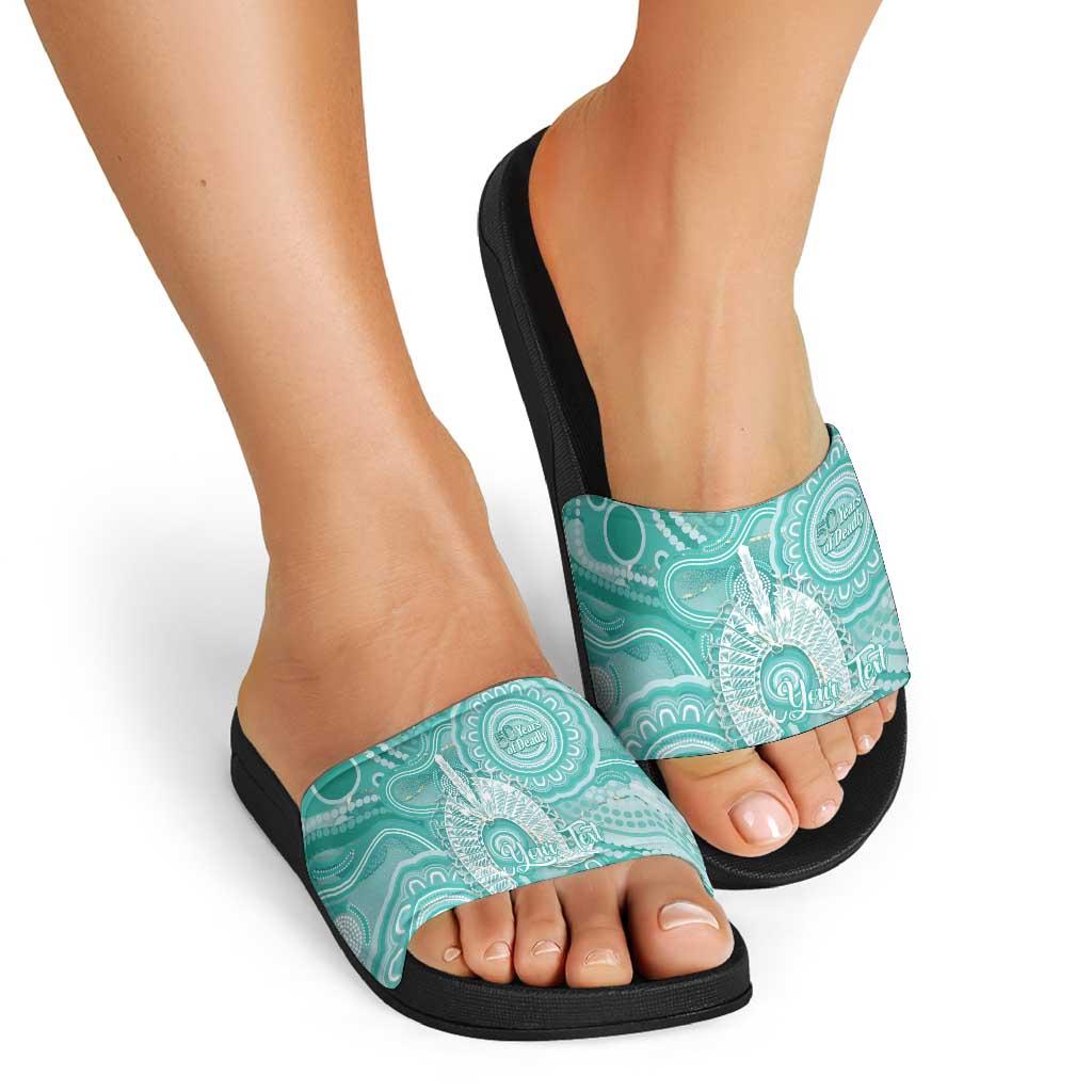 50 Years Deadly NAIDOC Week 2026 Personalised Slide Sandals Dhari Cyan Indigenous Art