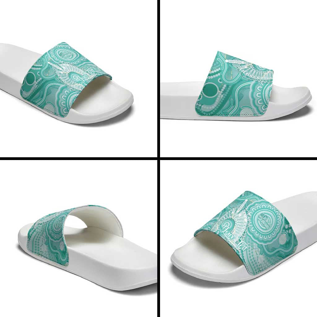 50 Years Deadly NAIDOC Week 2026 Personalised Slide Sandals Dhari Cyan Indigenous Art