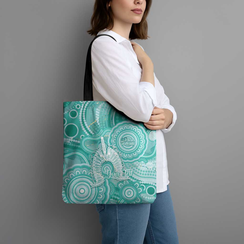 50 Years Deadly NAIDOC Week 2026 Personalised Tote Bag Dhari Cyan Indigenous Art
