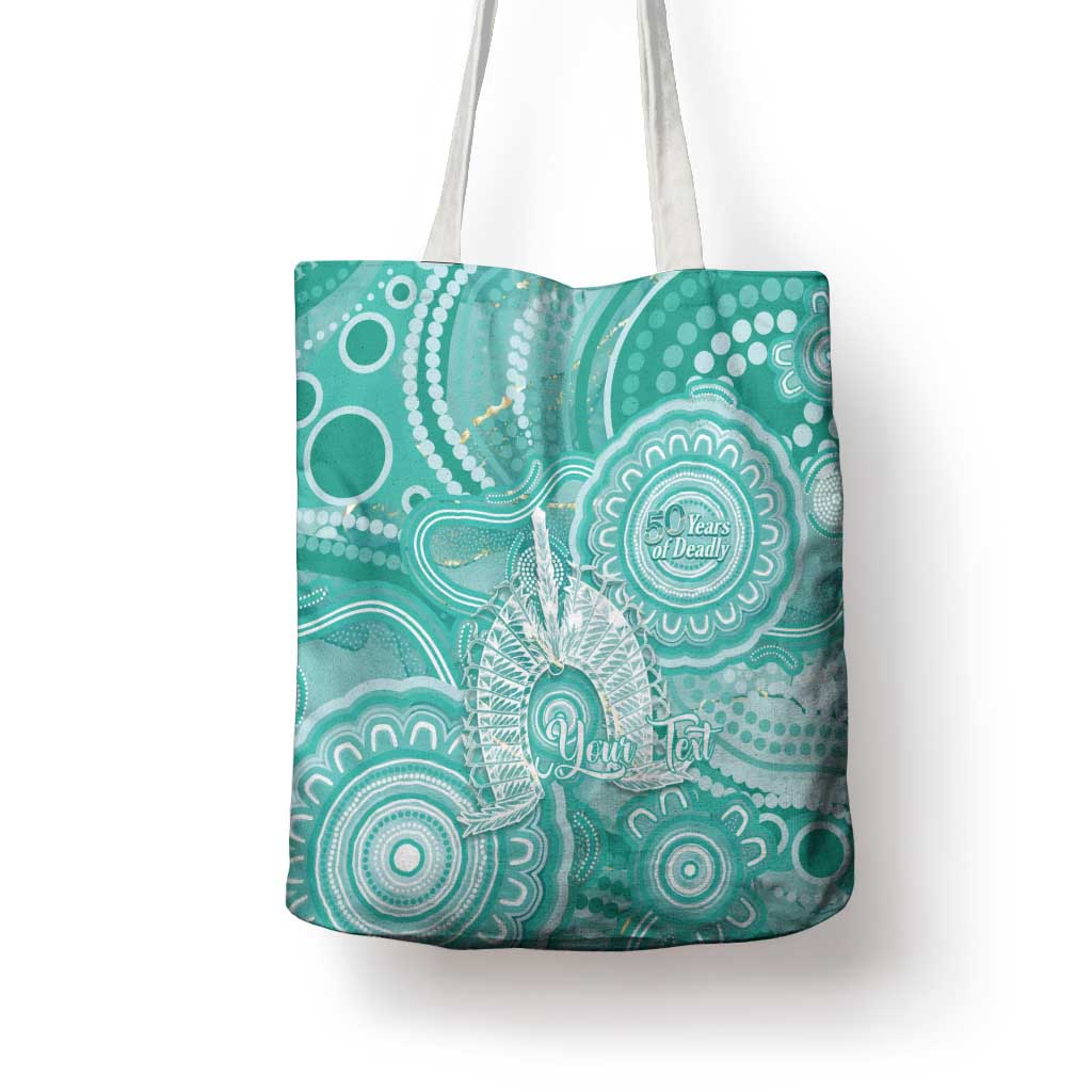 50 Years Deadly NAIDOC Week 2026 Personalised Tote Bag Dhari Cyan Indigenous Art