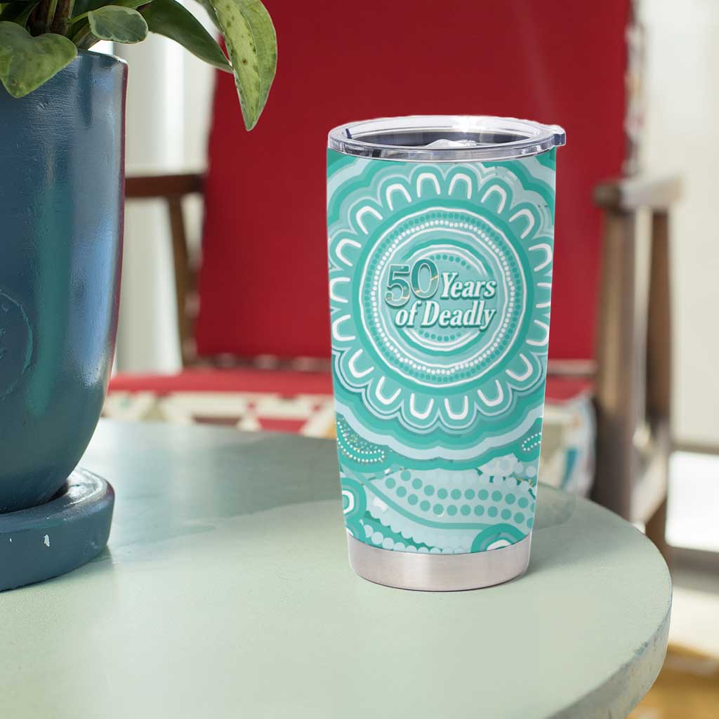 50 Years Deadly NAIDOC Week 2026 Personalised Tumbler Cup Dhari Cyan Indigenous Art