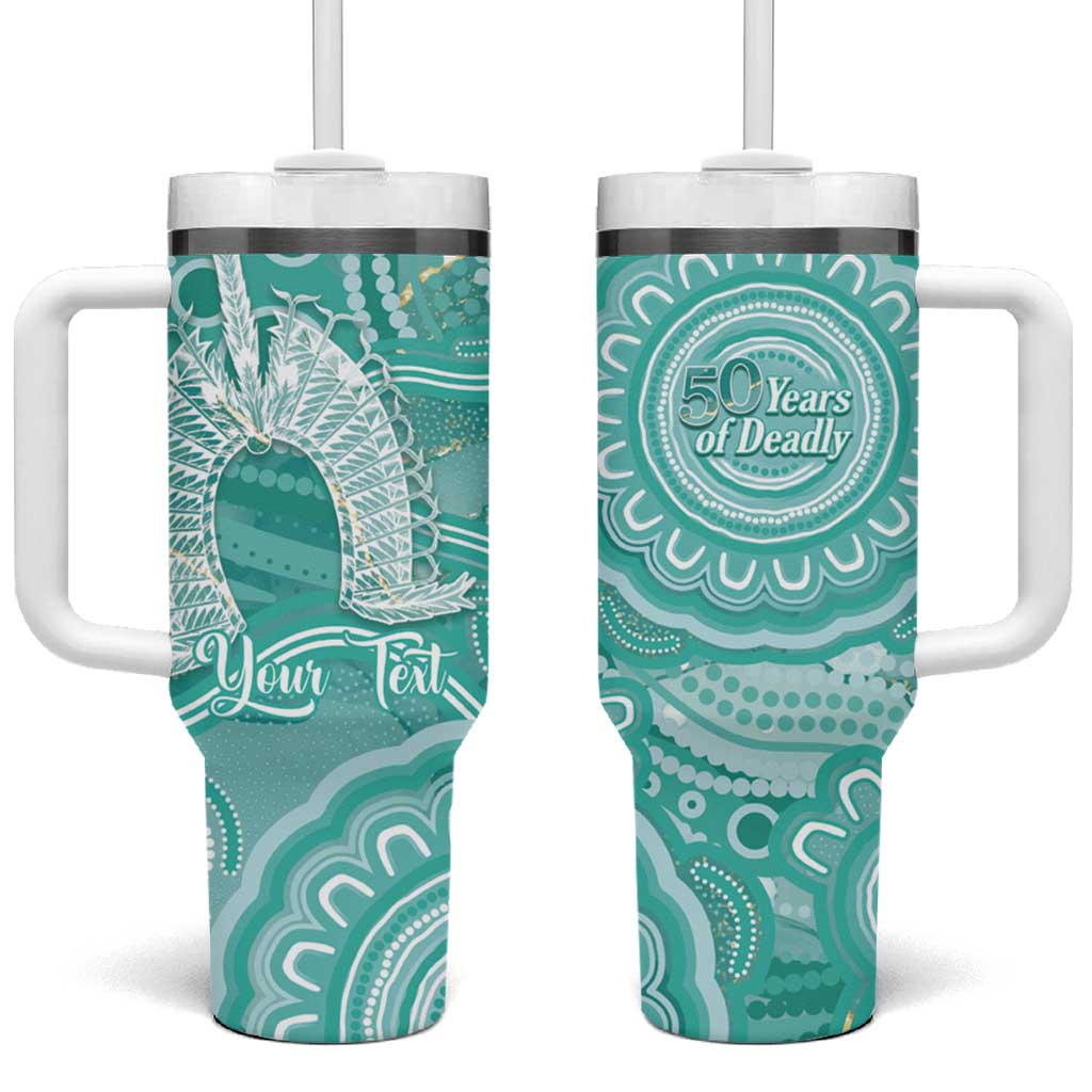 50 Years Deadly NAIDOC Week 2026 Personalised Tumbler With Handle Dhari Cyan Indigenous Art