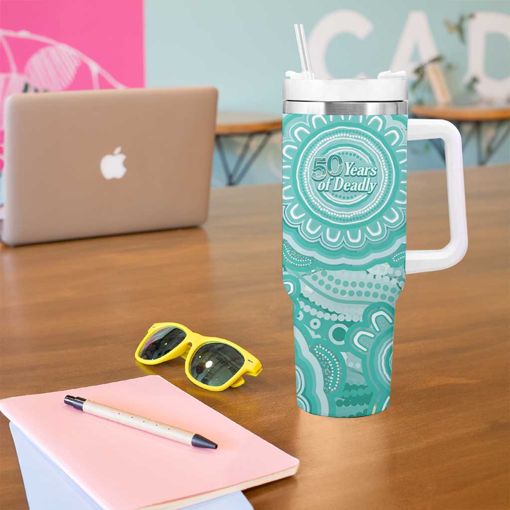 50 Years Deadly NAIDOC Week 2026 Personalised Tumbler With Handle Dhari Cyan Indigenous Art