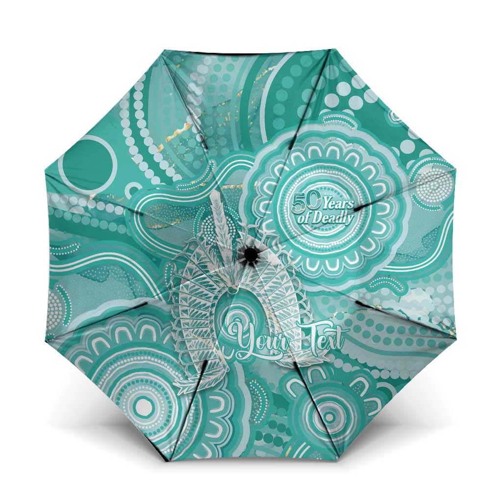 50 Years Deadly NAIDOC Week 2026 Personalised Umbrella Dhari Cyan Indigenous Art