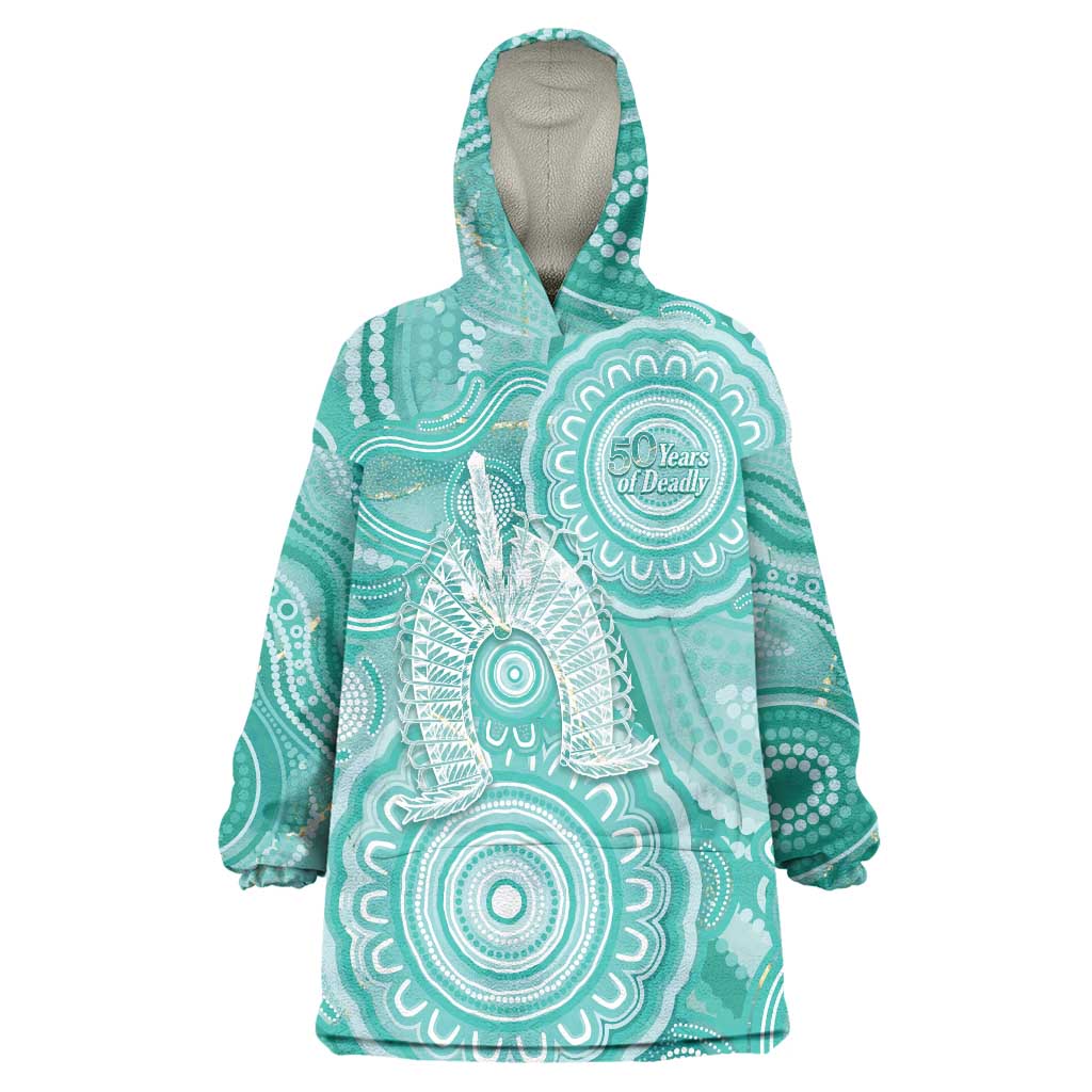 50 Years Deadly NAIDOC Week 2026 Personalised Wearable Blanket Hoodie Dhari Cyan Indigenous Art