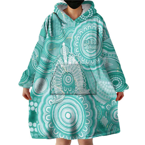 50 Years Deadly NAIDOC Week 2026 Personalised Wearable Blanket Hoodie Dhari Cyan Indigenous Art