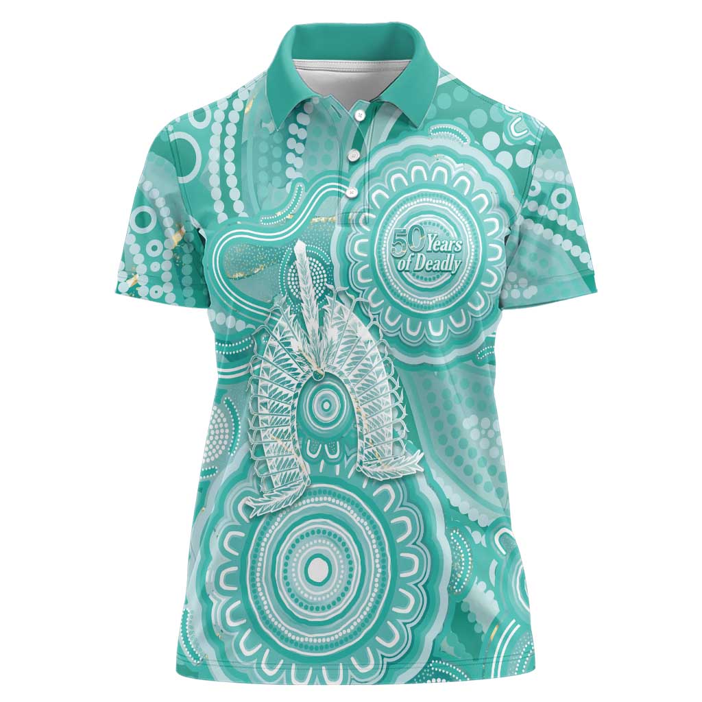50 Years Deadly NAIDOC Week 2026 Personalised Women Polo Shirt Dhari Cyan Indigenous Art