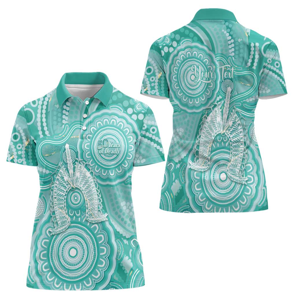 50 Years Deadly NAIDOC Week 2026 Personalised Women Polo Shirt Dhari Cyan Indigenous Art