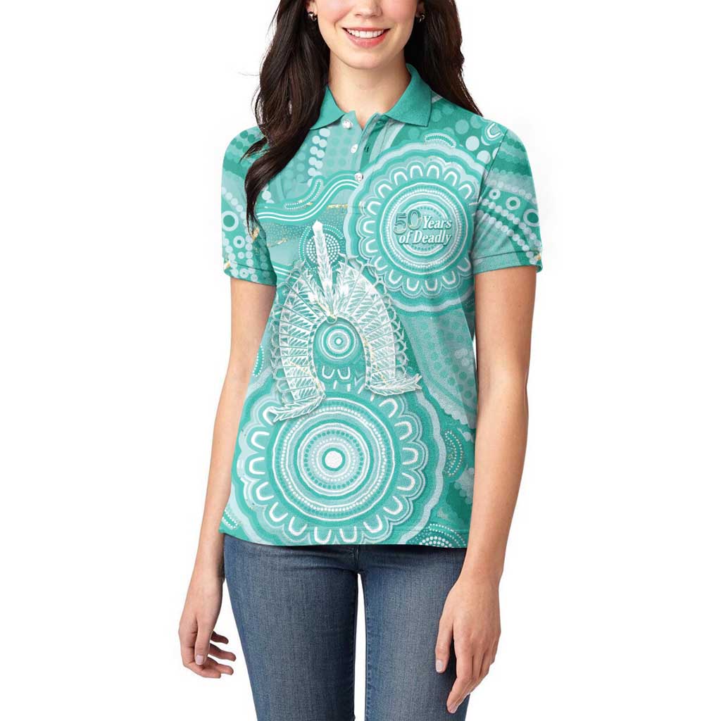 50 Years Deadly NAIDOC Week 2026 Personalised Women Polo Shirt Dhari Cyan Indigenous Art