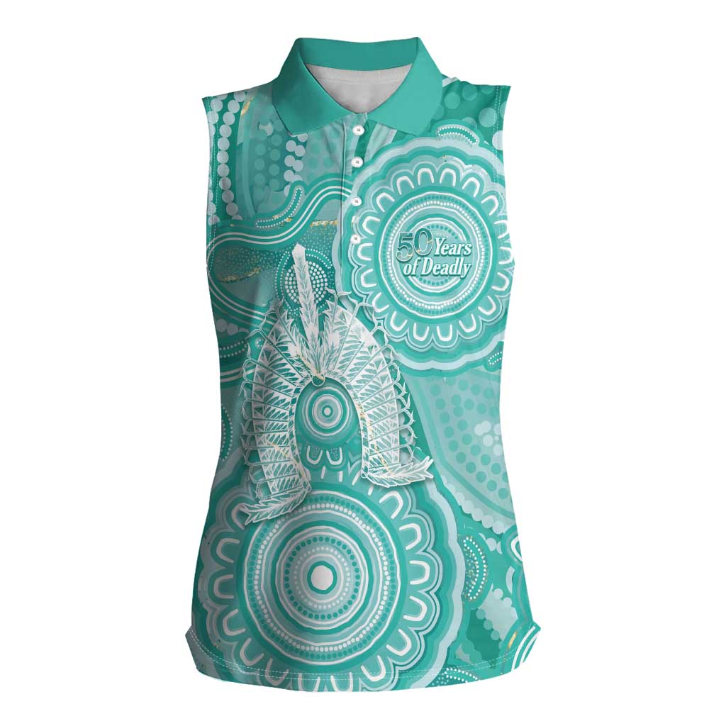 50 Years Deadly NAIDOC Week 2026 Personalised Women Sleeveless Polo Shirt Dhari Cyan Indigenous Art