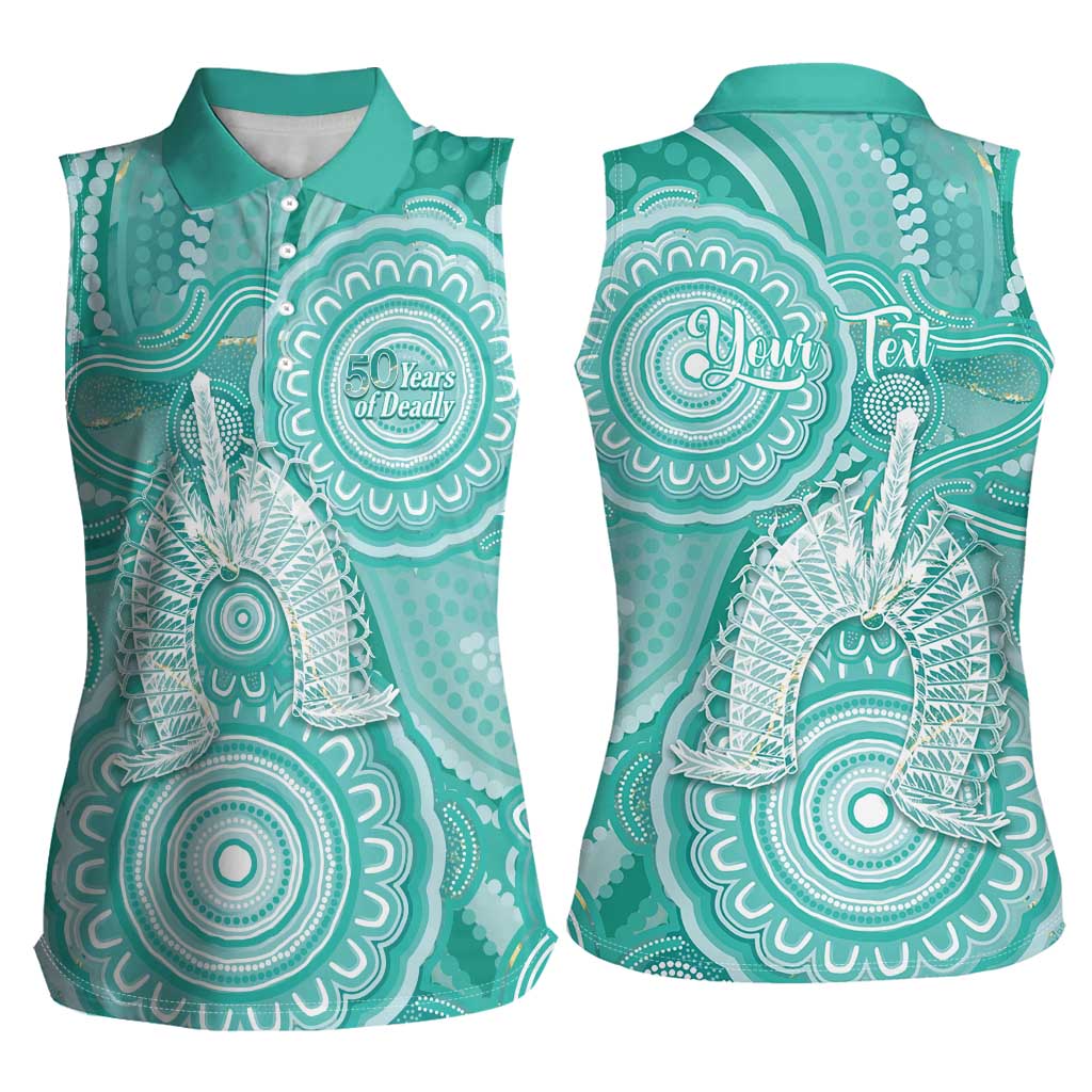 50 Years Deadly NAIDOC Week 2026 Personalised Women Sleeveless Polo Shirt Dhari Cyan Indigenous Art