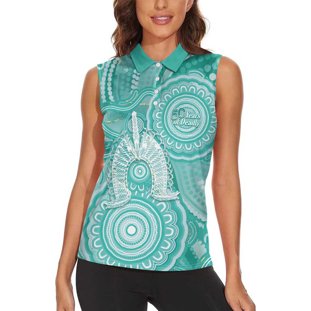 50 Years Deadly NAIDOC Week 2026 Personalised Women Sleeveless Polo Shirt Dhari Cyan Indigenous Art