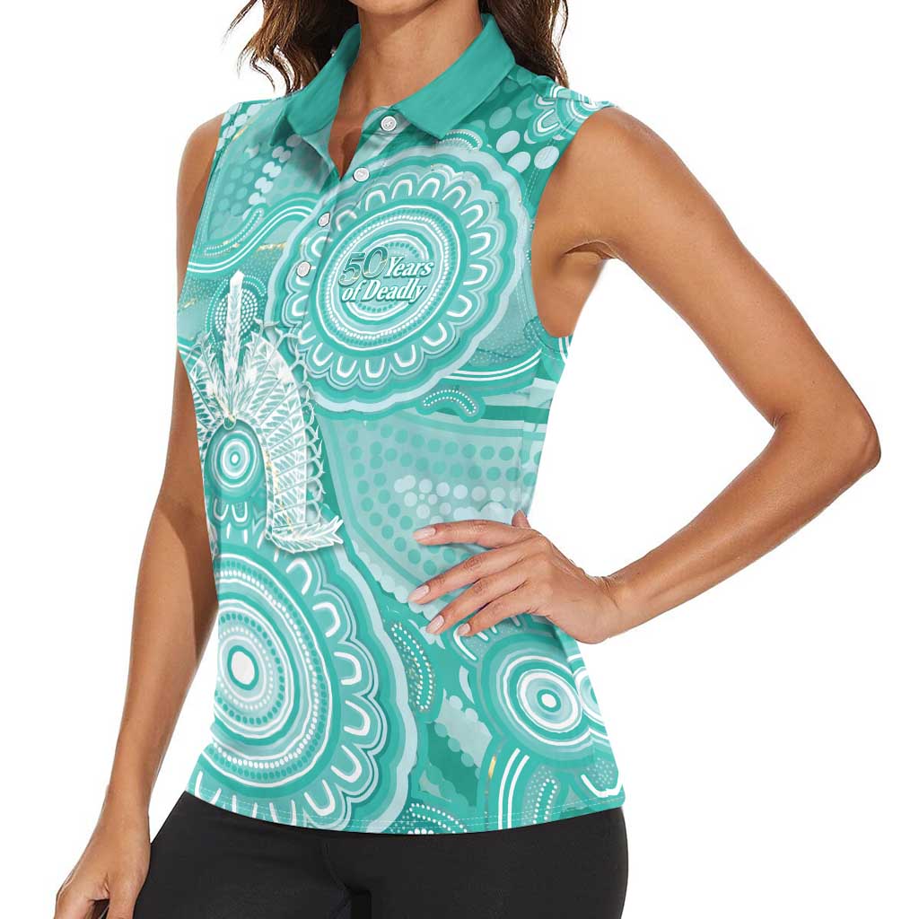 50 Years Deadly NAIDOC Week 2026 Personalised Women Sleeveless Polo Shirt Dhari Cyan Indigenous Art