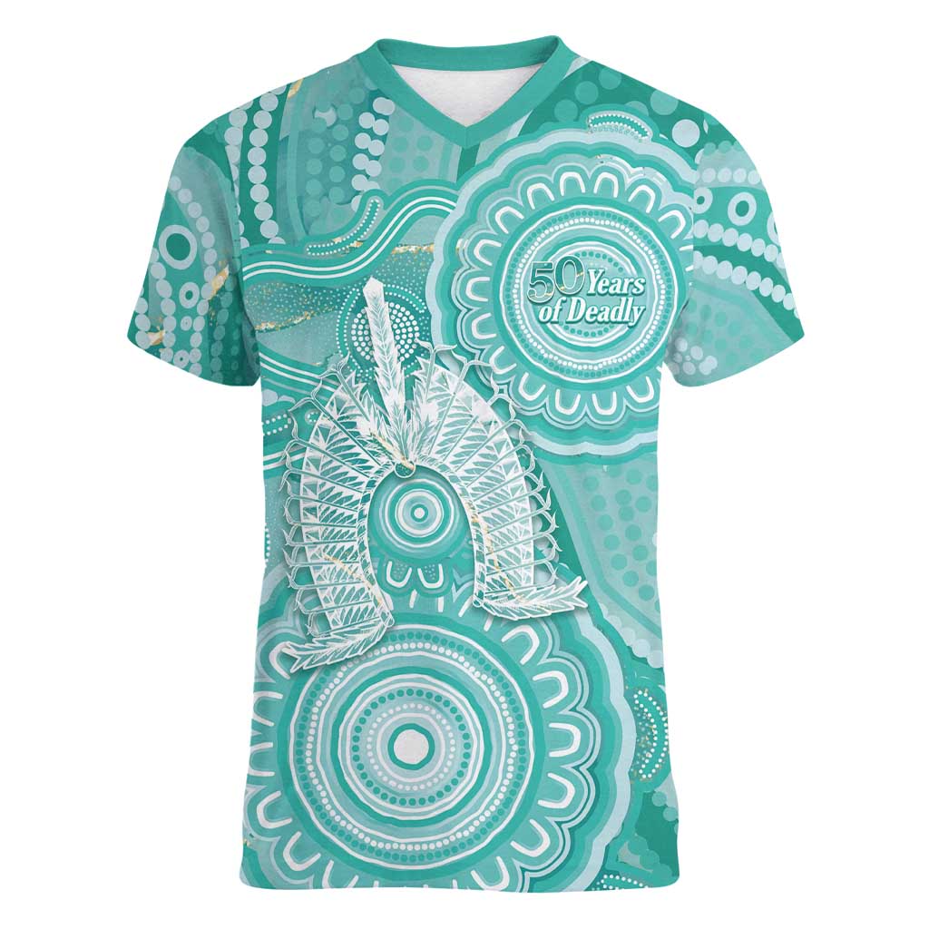 50 Years Deadly NAIDOC Week 2026 Personalised Women V-Neck T-Shirt Dhari Cyan Indigenous Art