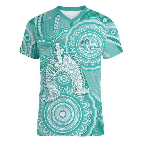 50 Years Deadly NAIDOC Week 2026 Personalised Women V-Neck T-Shirt Dhari Cyan Indigenous Art